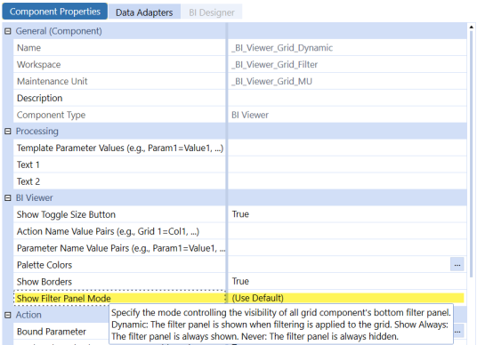 Yellow highlight over the Show Filter Panel Mode property display as (Use Default) with the tooltip. 